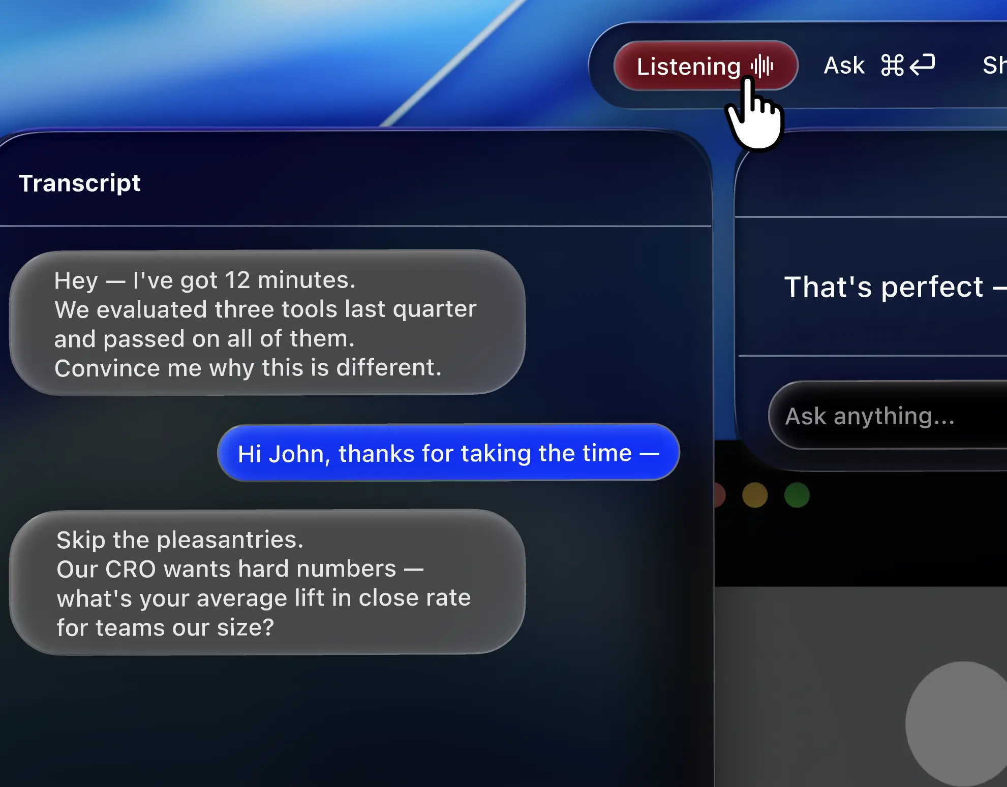 Taylos listening overlay and transcript UI
