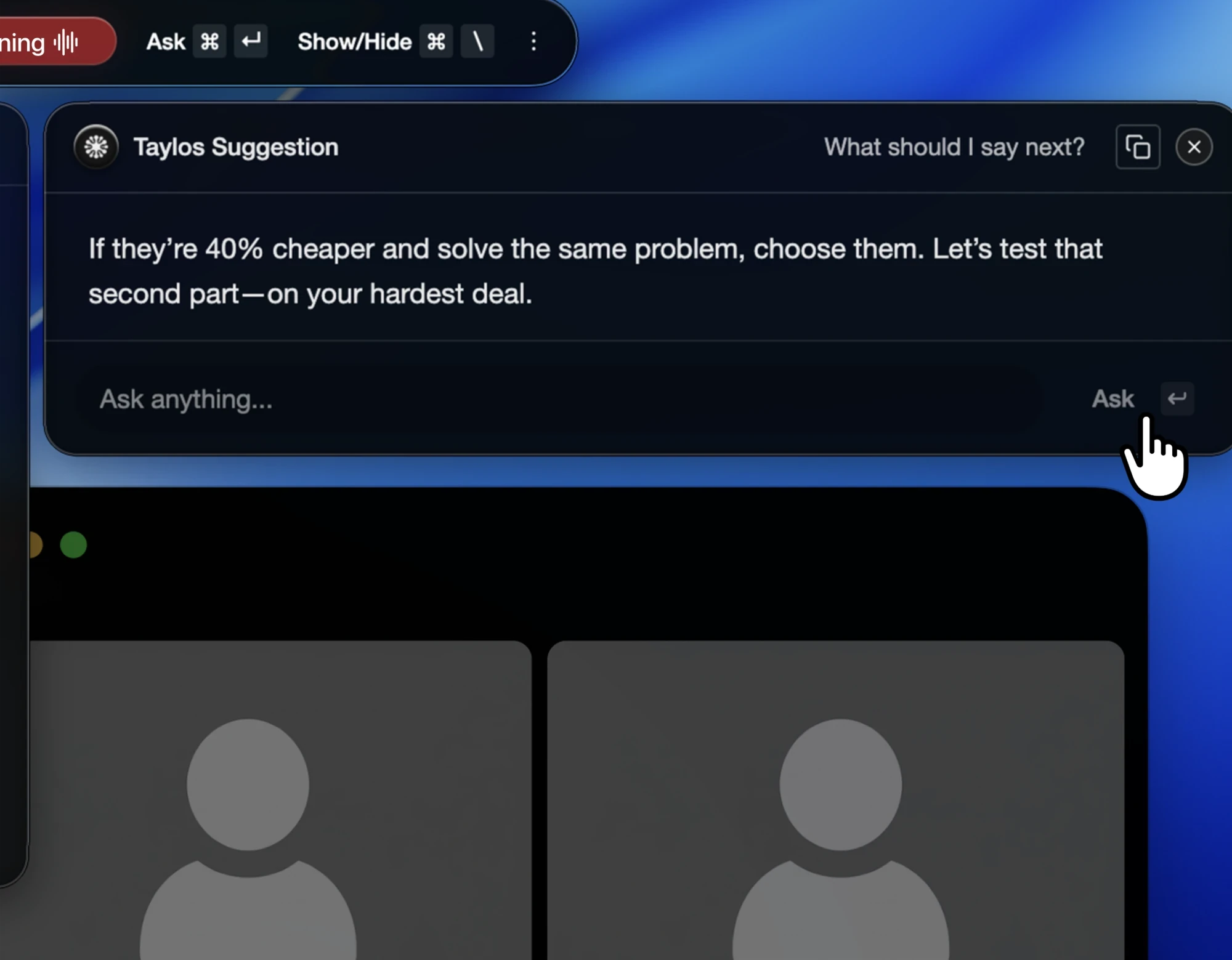 Taylos suggestion: If they're 40% cheaper and solve the same problem, choose them. Let's test that second part, on your hardest deal.